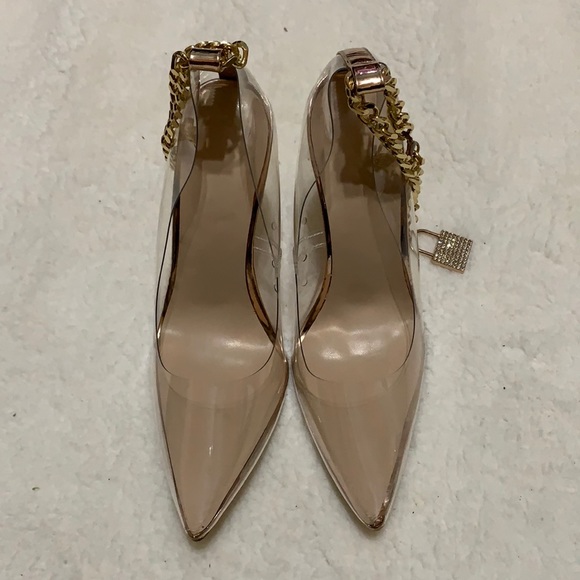 Clear Pointed Toe Metal Chain Lock High Metal Heels Stiletto Pumps - Picture 4 of 9